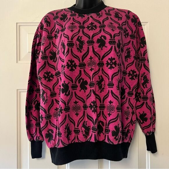 VTG 80's 90s Pink Black colorful Damask print Drop Shoulder Boxy sweatshirt M - Picture 1 of 12